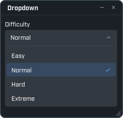 A window titled Dropdown. Under the caption Difficulty a dropdown shows Normal. Its list is open below with four rows: Easy, Normal, Hard and Extreme. Normal is highlighted and has a tick.