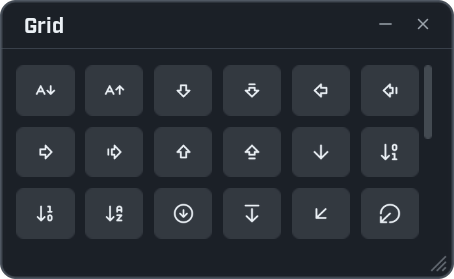 A window titled Grid showing three rows of six square buttons, each with a different arrow icon, and a scroll bar on the right.