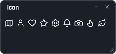 A window titled Icon showing nine white line icons in a row: a map, a person, a heart, a star, a cog, a bell, a camera, a flame and a leaf.