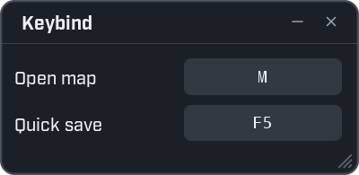A window titled Keybind with two rows. Open map has a button showing the letter M. Quick save has a button showing F5.