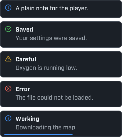 Five notifications stacked. A plain one with a blue info icon. One titled Saved with a green tick. One titled Careful with a yellow warning triangle. One titled Error with a red cross. One titled Working with a thin blue progress line along its bottom.