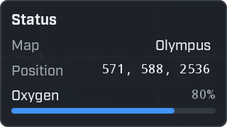 A small dark panel titled Status with three rows: Map Olympus, Position 571, 588, 2536 in a fixed-width font, and a blue Oxygen bar filled to 80 percent.