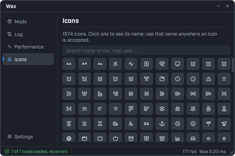 The Icons page. A search box sits above a grid of small buttons, each showing one icon. A line above the box says how many icons there are and that clicking one shows its name.