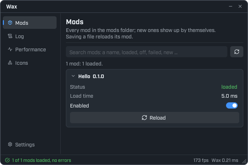 The Mods page. A search box and a refresh button sit above a card for the mod Hello 0.1.0, which shows Status loaded, Load time 5.0 ms, an Enabled switch that is on, and a Reload button.