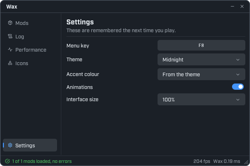 The Settings page with five rows: Menu key F8, Theme Midnight, Accent colour From the theme, an Animations switch that is on, and Interface size 100%.
