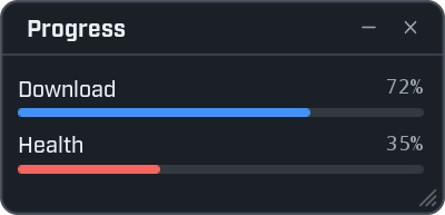 A window titled Progress with two bars. Download is blue and filled to 72 percent. Health is red and filled to 35 percent. Each bar shows its percentage on the right.