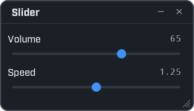 A window titled Slider with two sliders. Volume shows the number 65 and its handle sits about two thirds along. Speed shows 1.25 and its handle sits at the middle.