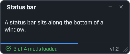 A window titled Status bar. Along its bottom edge a green tick and the text 3 of 4 mods loaded sit on the left, v1.2 sits on the right, and a thin blue line above them is filled to about 60 percent.