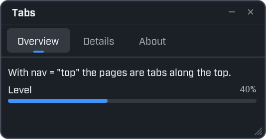 A window titled Tabs with three tabs along the top: Overview, which is selected, Details and About. The Overview page shows one line of text and a progress bar called Level at 40 percent.