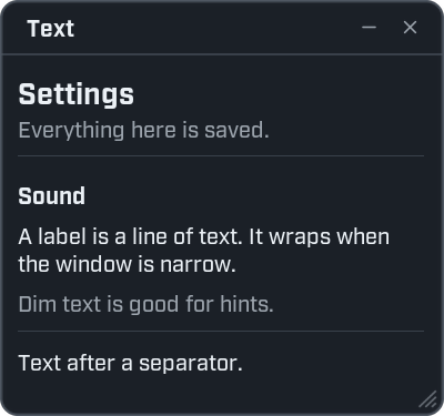 A window titled Text. From top to bottom: a large title Settings with the grey line Everything here is saved under it and a rule, a bold heading Sound, a label that wraps over two lines, a grey dim label, a thin separator line, and one more label.