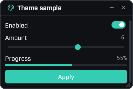 The same sample window in the Abyss theme: a near-black background with teal highlights.