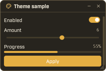 The same sample window in the Dune theme: a dark brown background with warm amber highlights.
