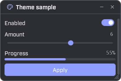 The same sample window in the Graphite theme: a dark grey background with soft violet-blue highlights.