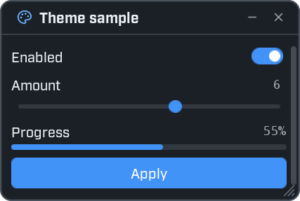 A sample window in the Midnight theme: a very dark blue-black background with a bright blue switch, slider, progress bar and button.